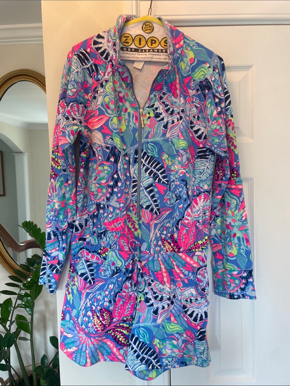 Lilly Pulitzer Blue Floral Zip Romper with Pink & Green Accents